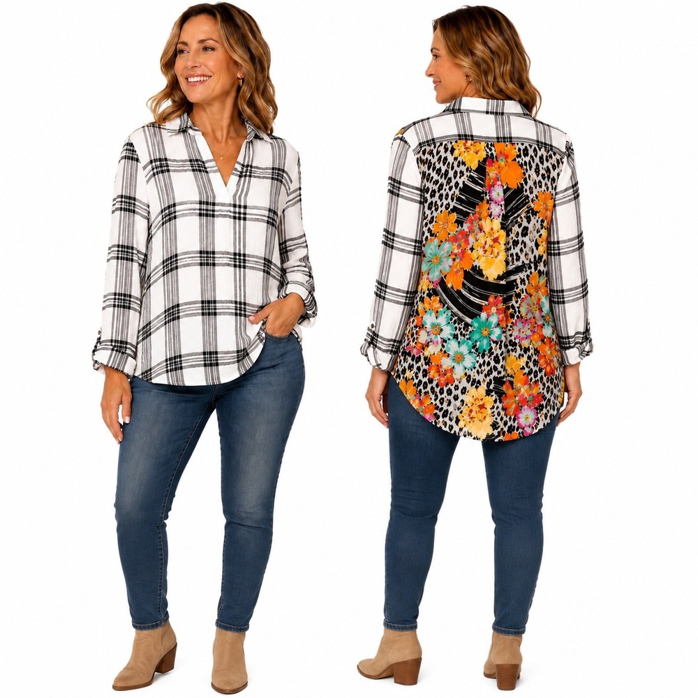 Westbound Petites PXL Plaid Floral Animal Print Mixed Media Roll Tab Shirt
